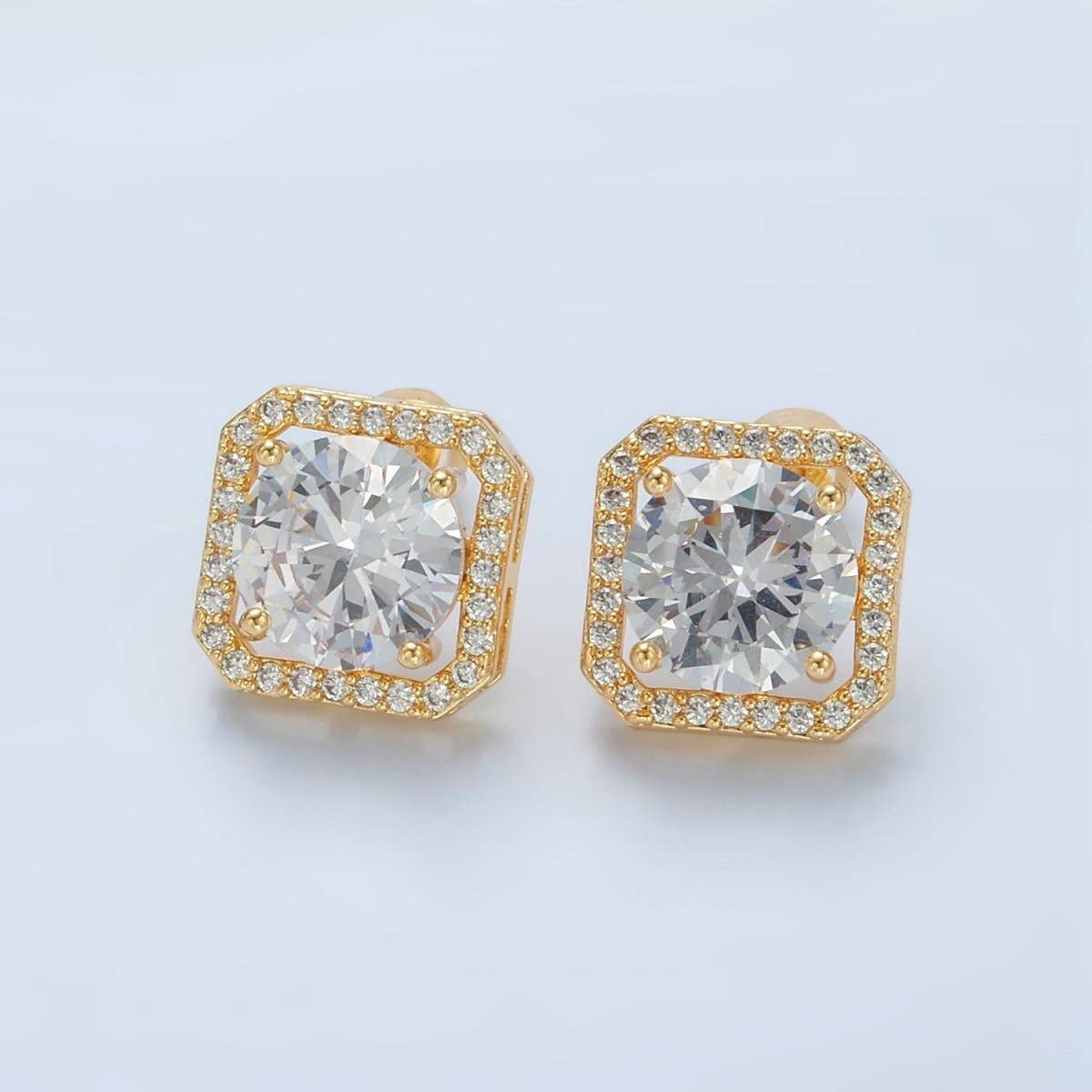 24K Gold Filled Clear CZ Micro Paved Open Square Stud Earrings | AD756