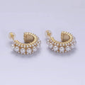 14K Gold Filled 20mm Triple White Pearl Lined C-Shaped Hoop Earrings in Gold & Silver | AD-455 AD-460