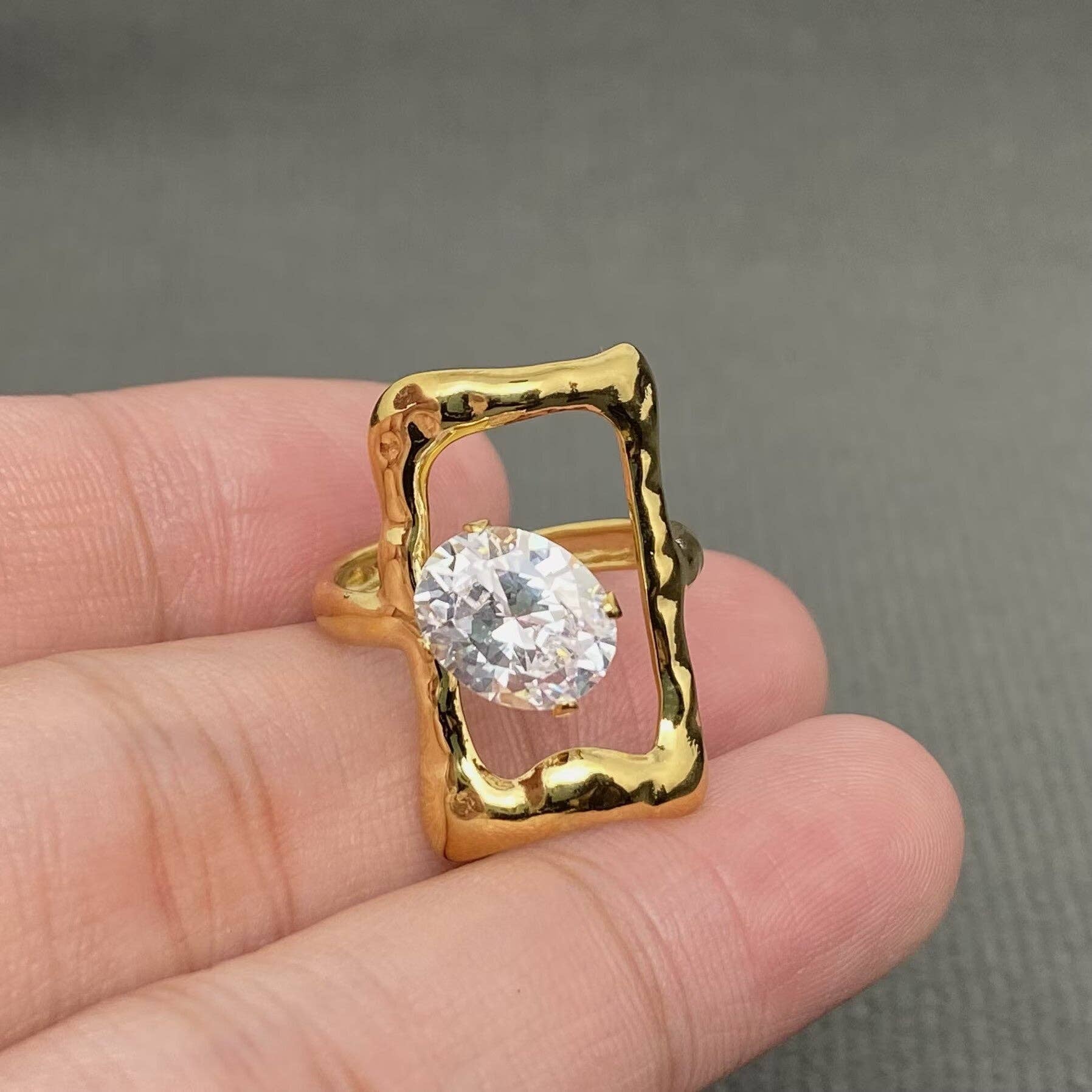 Zircon Inlaid Irregular Geometry 18K Gold Plated SS Ring - FGS