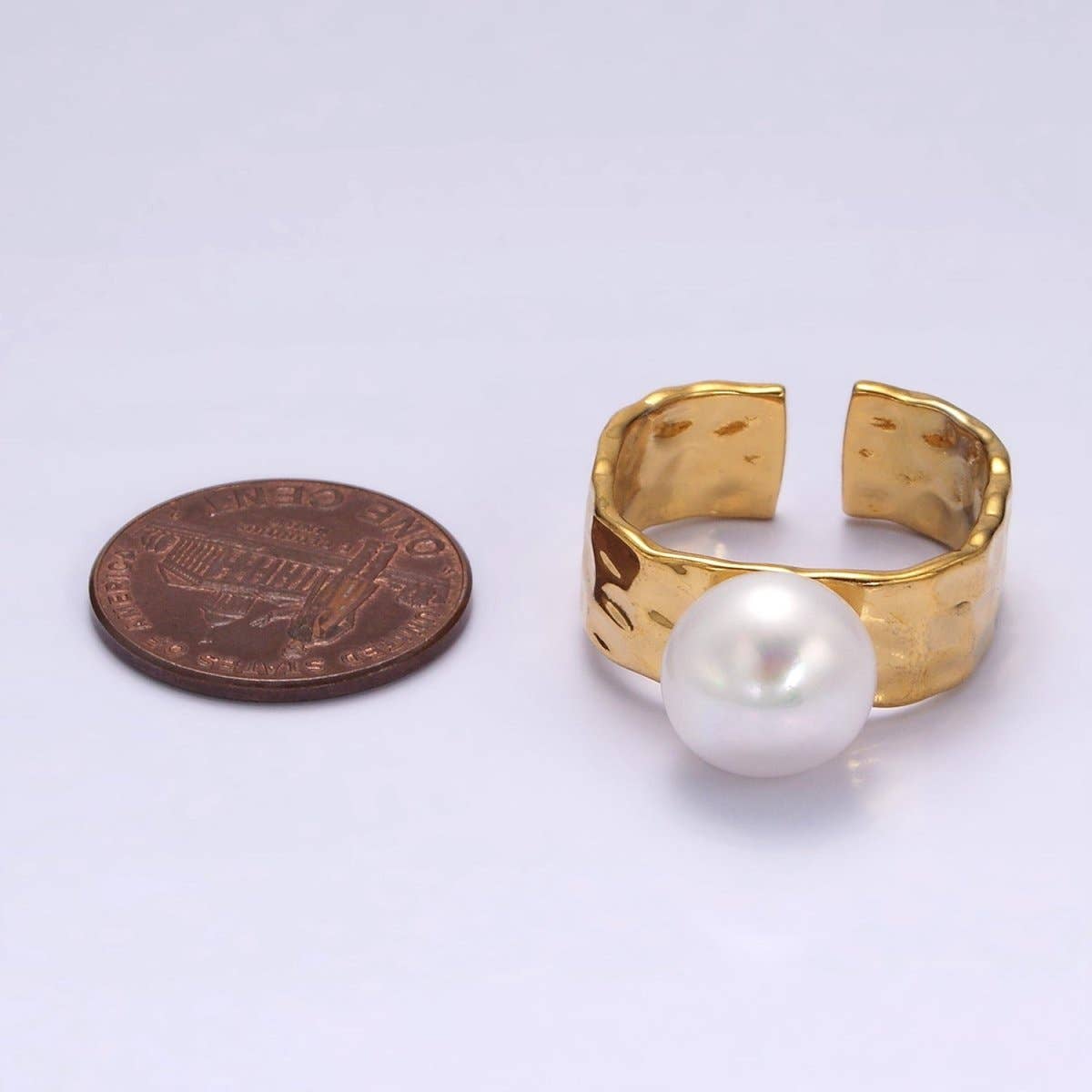 14K Gold Filled White Pearl Hammered Wide Band Ring in Gold & Silver | O1096 O1097