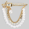 CZ SWORD BROOCH PIN WITH DANGLING CHAIN AND PEARLS