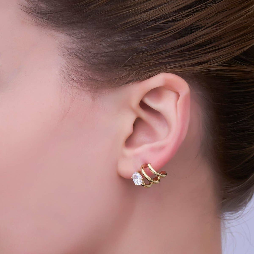 14K Gold Filled Oval CZ Triple Bar Claw C-Shaped Cartilage Hoop Earrings | AB990