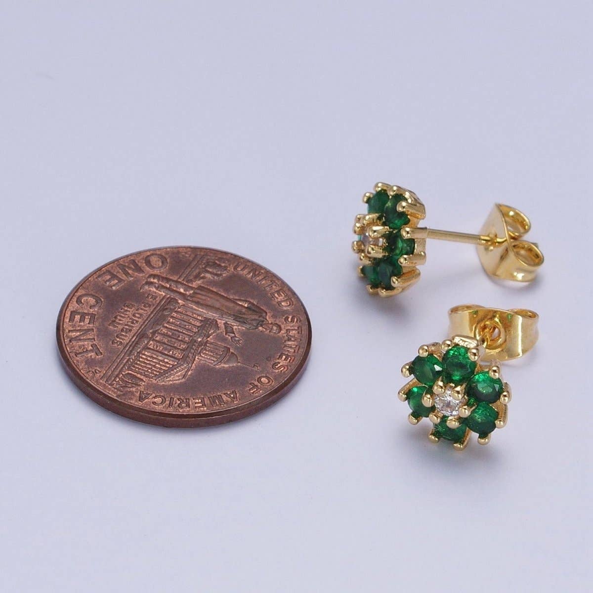 Dainty 24K Gold Filled Emerald Green & Clear Cubic Zirconia Flower Stud Earrings | AD-511
