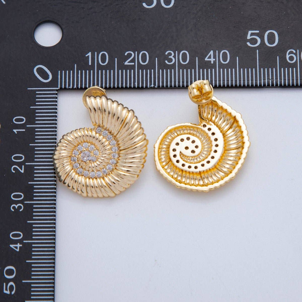 18K Gold Filled Micro Paved CZ Spiral Shell Stud Earrings | AJ147