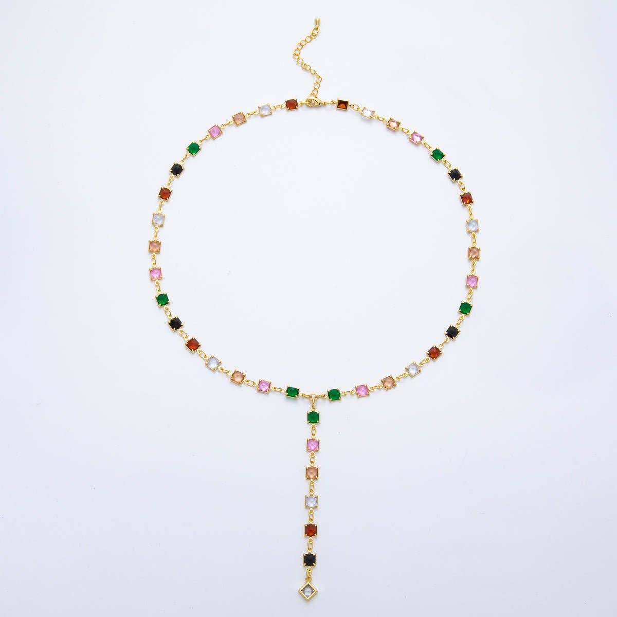 18K Gold Filled 5.7mm Clear, Multicolor Square CZ Chain 19 Inch Lariat Necklace w. Extender | WA-3273 WA-3274
