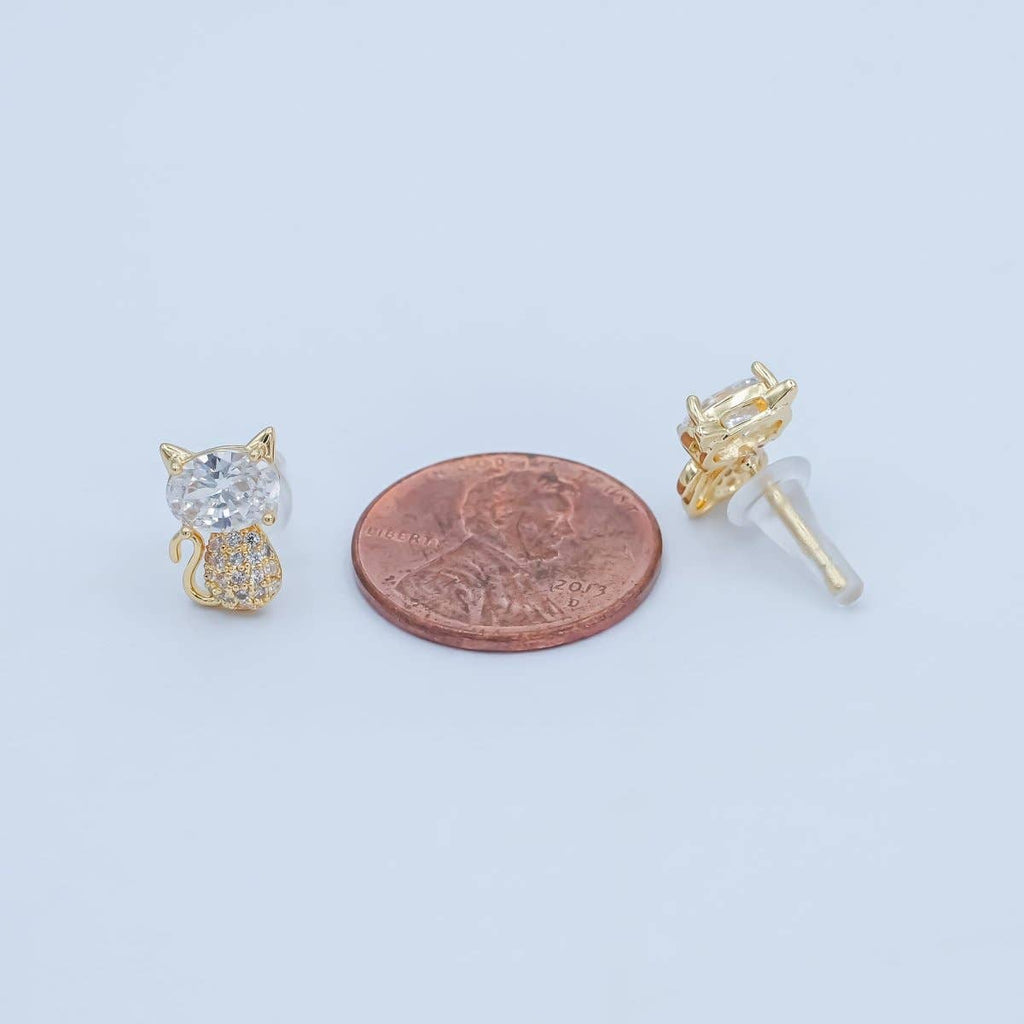 24K Gold Plated Micro Paved CZ Kitten Cat Stud Earrings Set in Gold & Silver | AB222 AB223