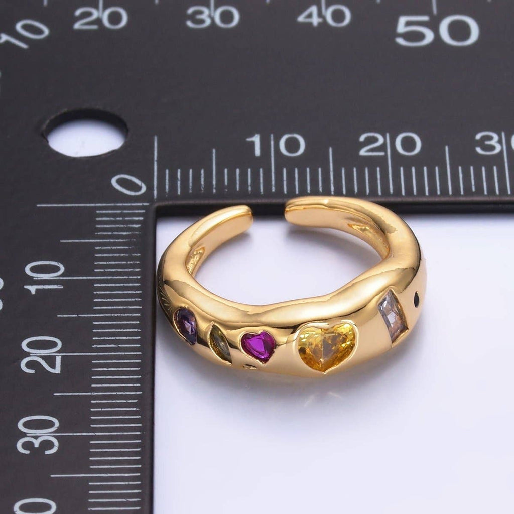 24K Gold Filled Multicolor Geometric Heart Baguette CZ Ring in Gold & Silver | O740 O743