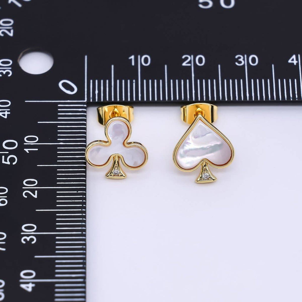 24K Gold Filled Shell Pearl Spades & Clubs Card Mis Matched Stud Earrings | Q-346