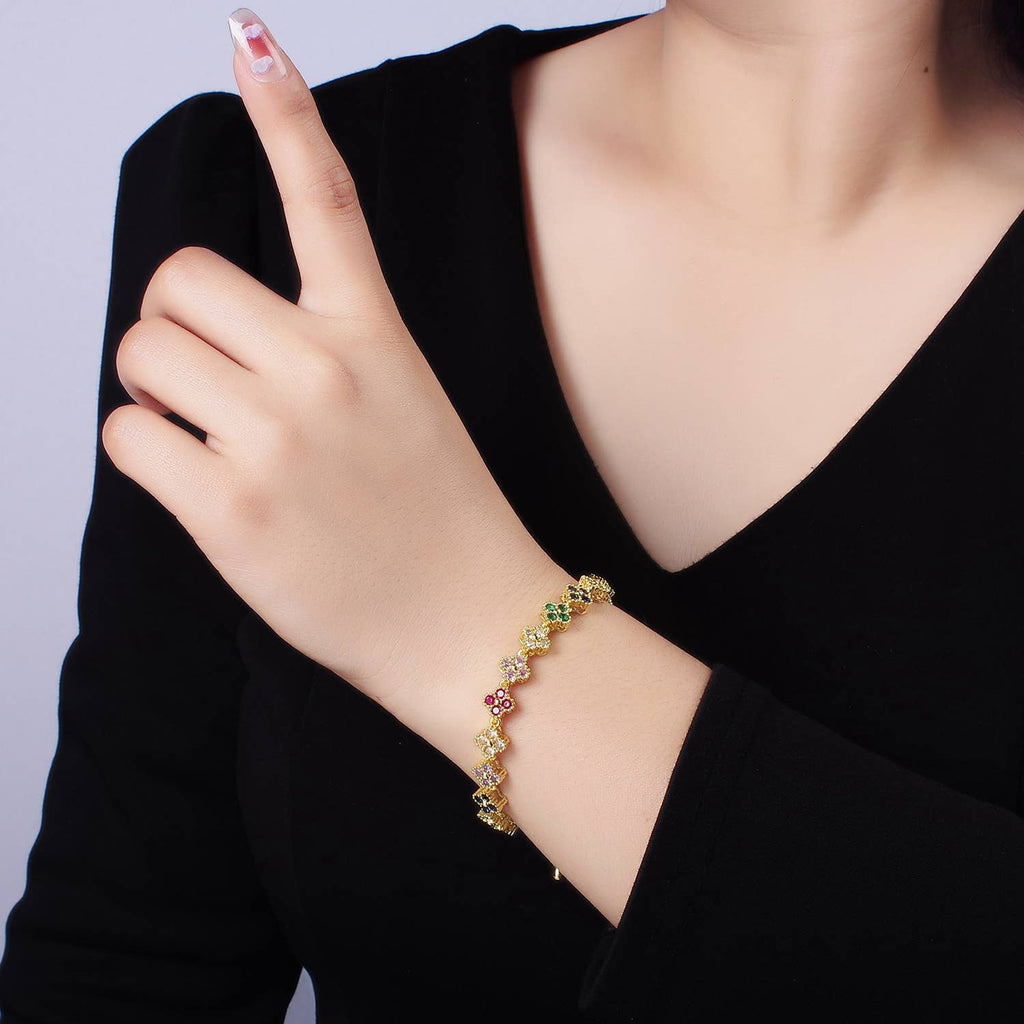 14K Gold Filled CZ Multicolor Flower 6 Inch Bracelet