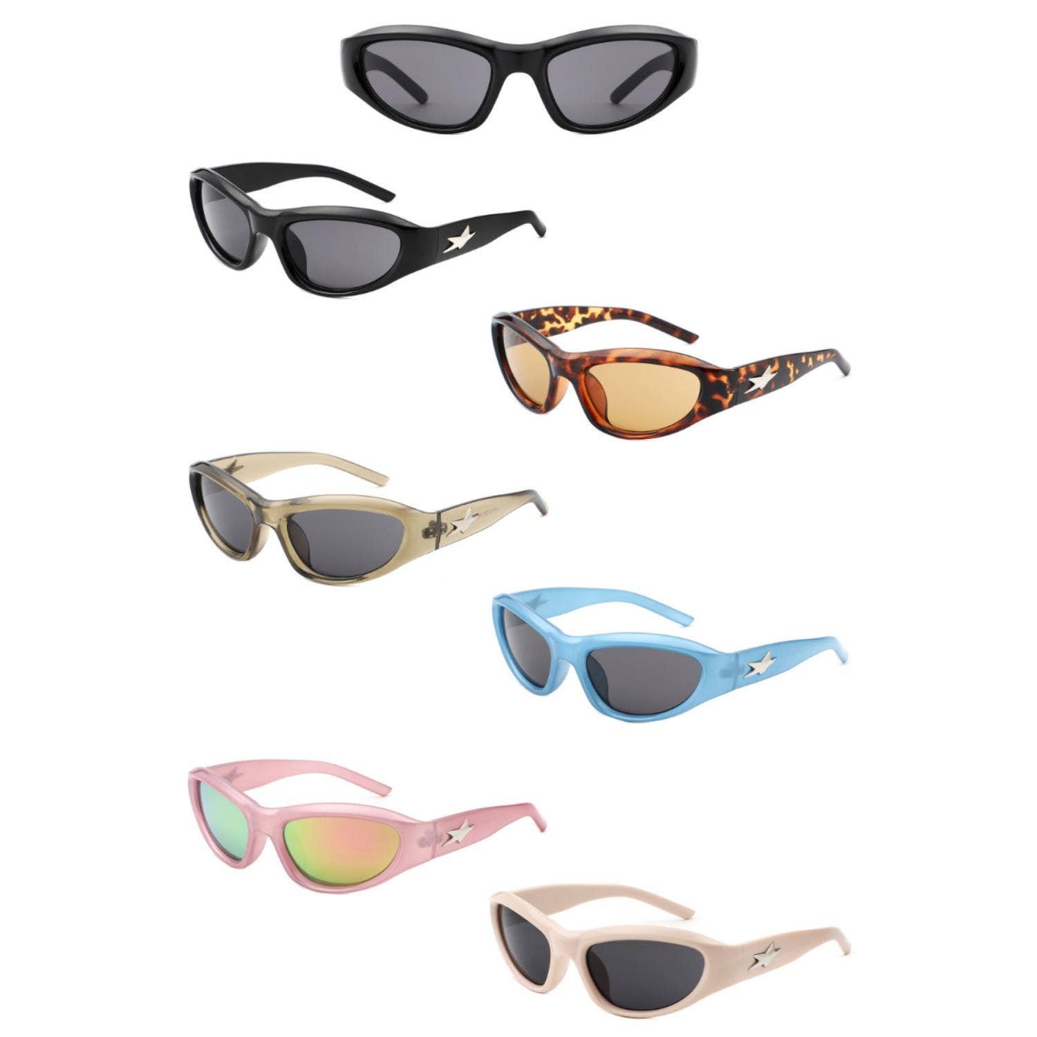 Y2K Slim Oval Unisex Wraparound Sunglasses with Star Temple