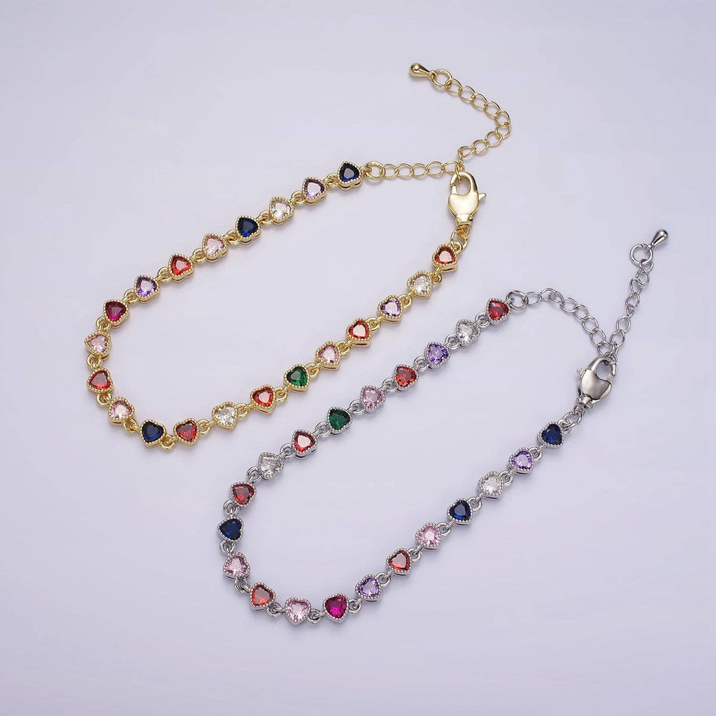 14K Gold Filled CZ Multicolor Heart Bezel 7 Inch Bracelet in Gold & Silver | WA-2230 WA-2231