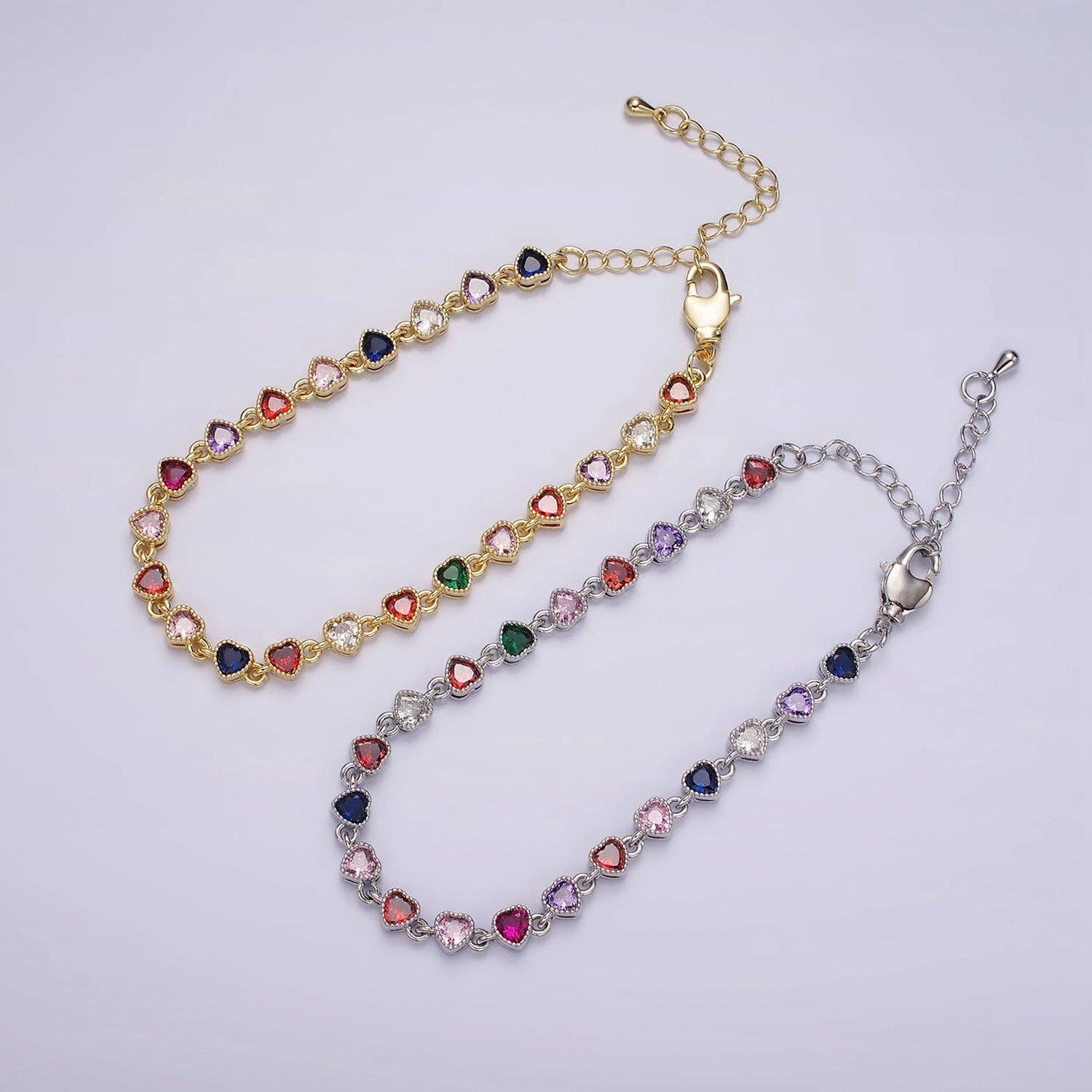 14K Gold Filled CZ Multicolor Heart Bezel 7 Inch Bracelet in Gold & Silver | WA-2230 WA-2231