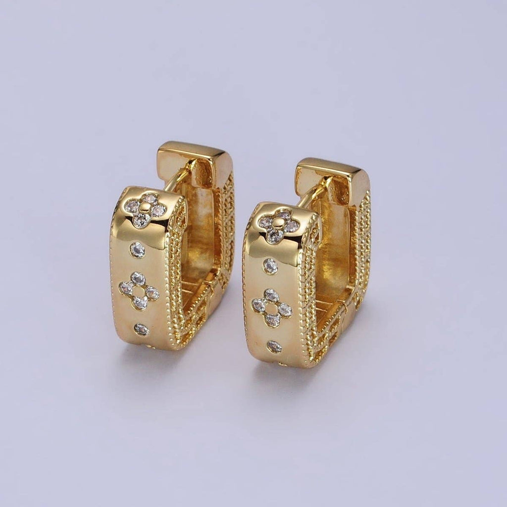 24K Gold Filled Clear Quatrefoil CZ Square Huggies Earrings | AB196