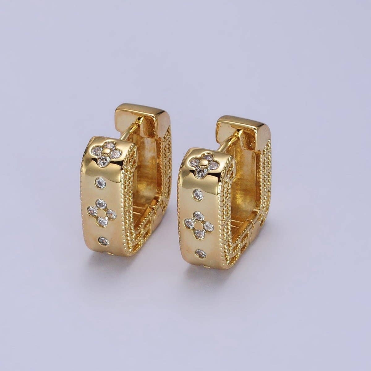 24K Gold Filled Clear Quatrefoil CZ Square Huggies Earrings | AB196