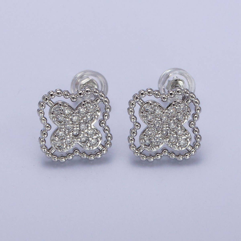 Green, Clear, Pink Micro Paved CZ Beaded Quatrefoil Clover Stud Earrings in Gold & Silver | AB404 - AB409