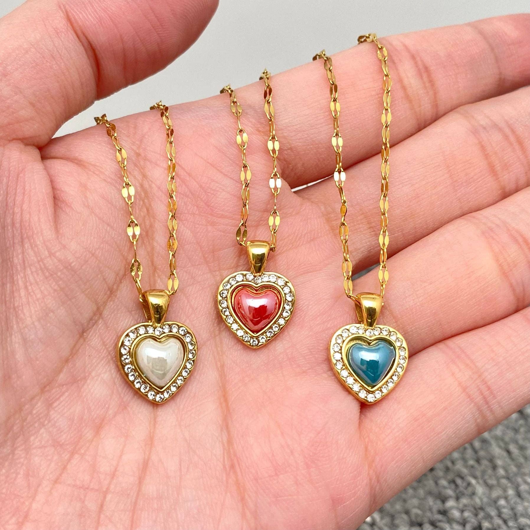 FGS - Enamel Heart 18K Golden Steel charm Inlaid CZ Necklace