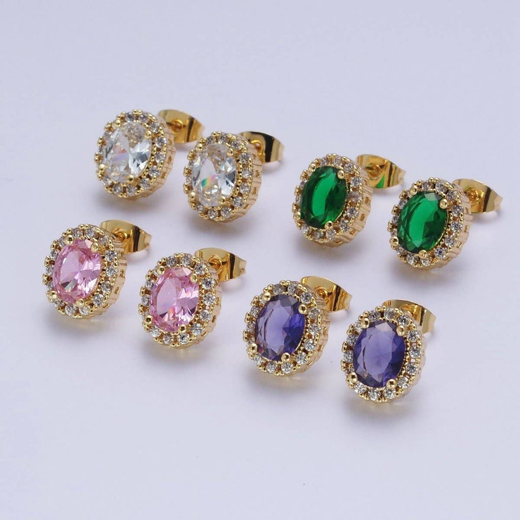 Micro Paved Clear Pink Purple Green Oval Gold Stud Earrings | AD-552~AD-555