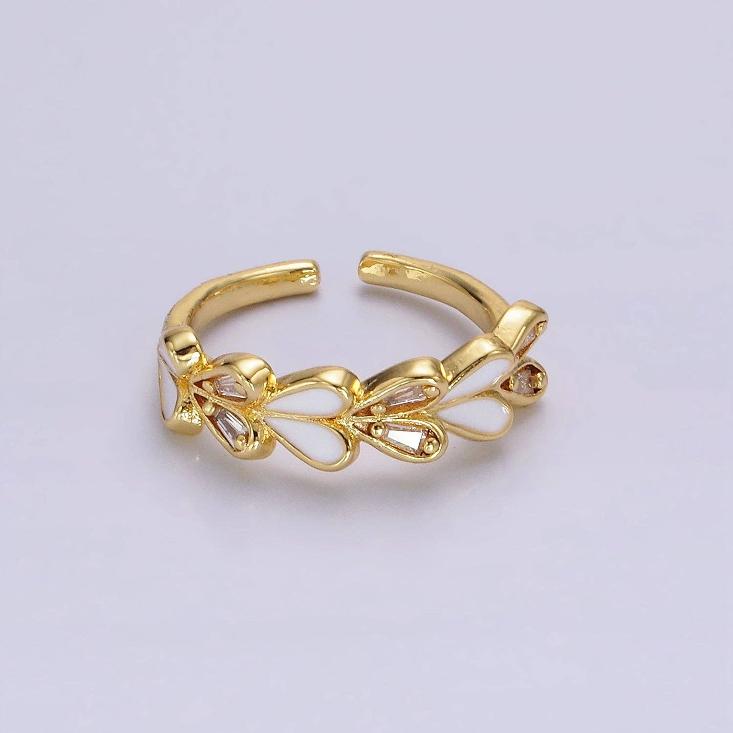 14K Gold Filled White Enamel Baguette Heart Lined Ring | O1172