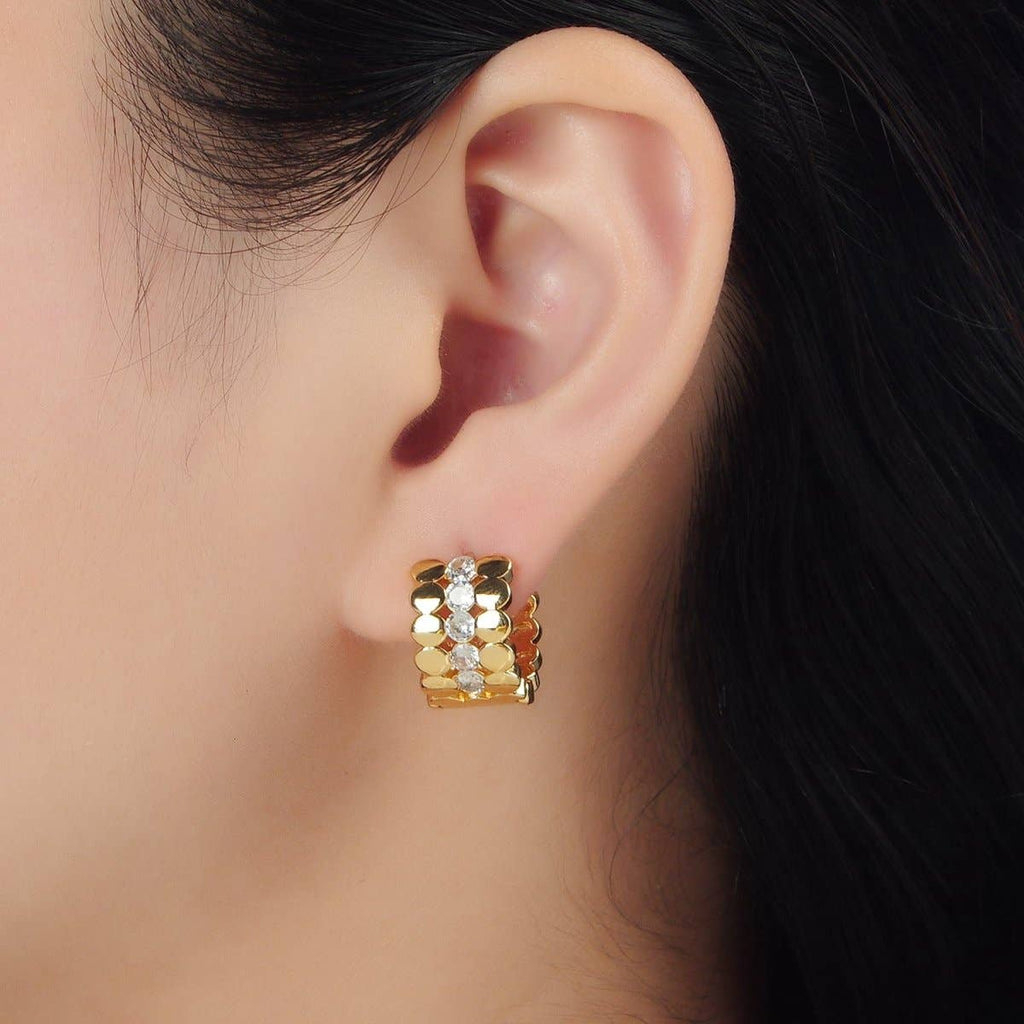 24K Gold Filled 15mm Triple Flat Round CZ Huggie Earrings | AD755