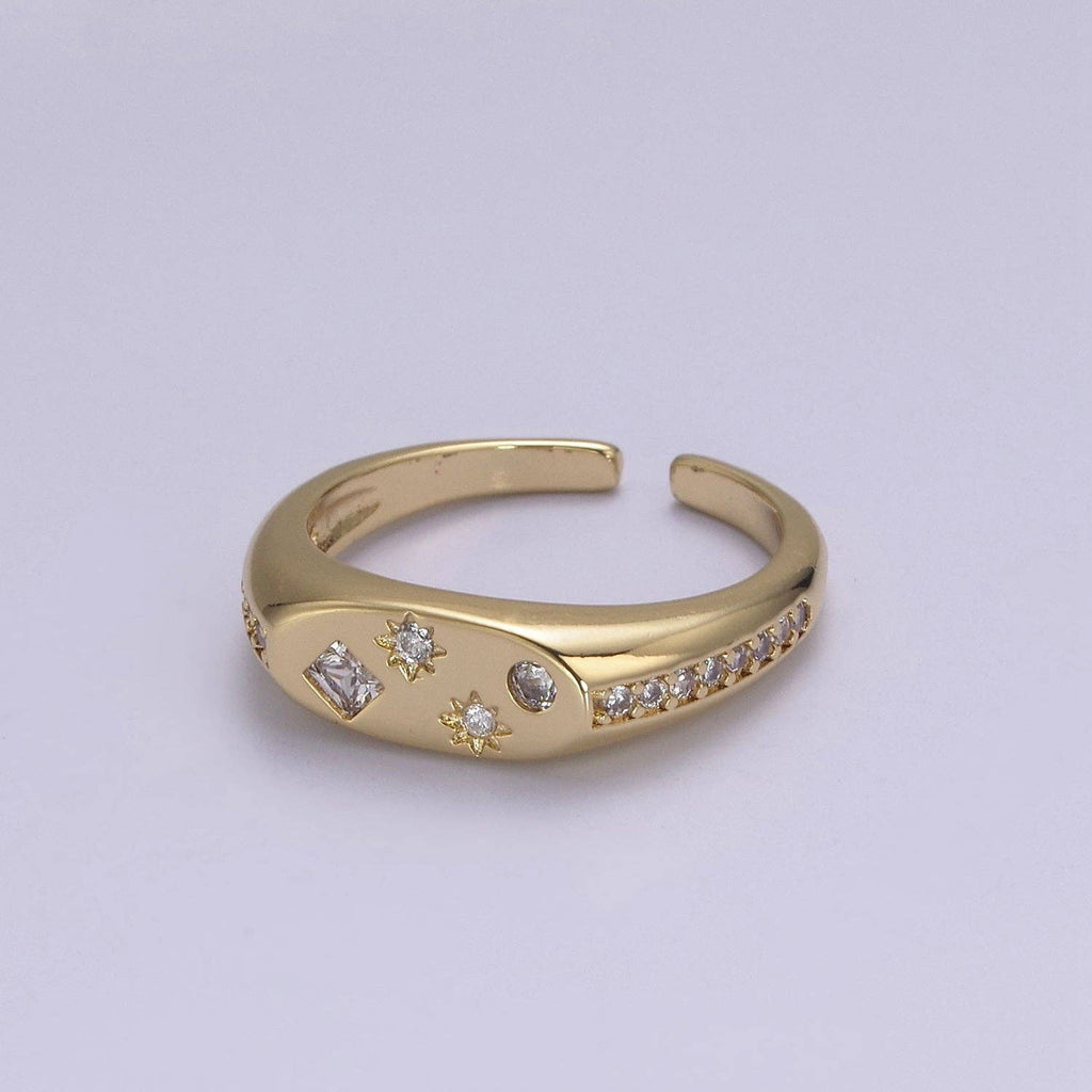 24K Gold Filled Celestial Star Cuff Ring, Micro Pave Crystal