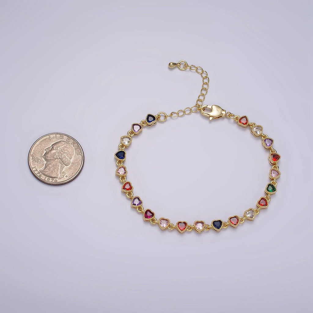 14K Gold Filled CZ Multicolor Heart Bezel 7 Inch Bracelet in Gold & Silver | WA-2230 WA-2231