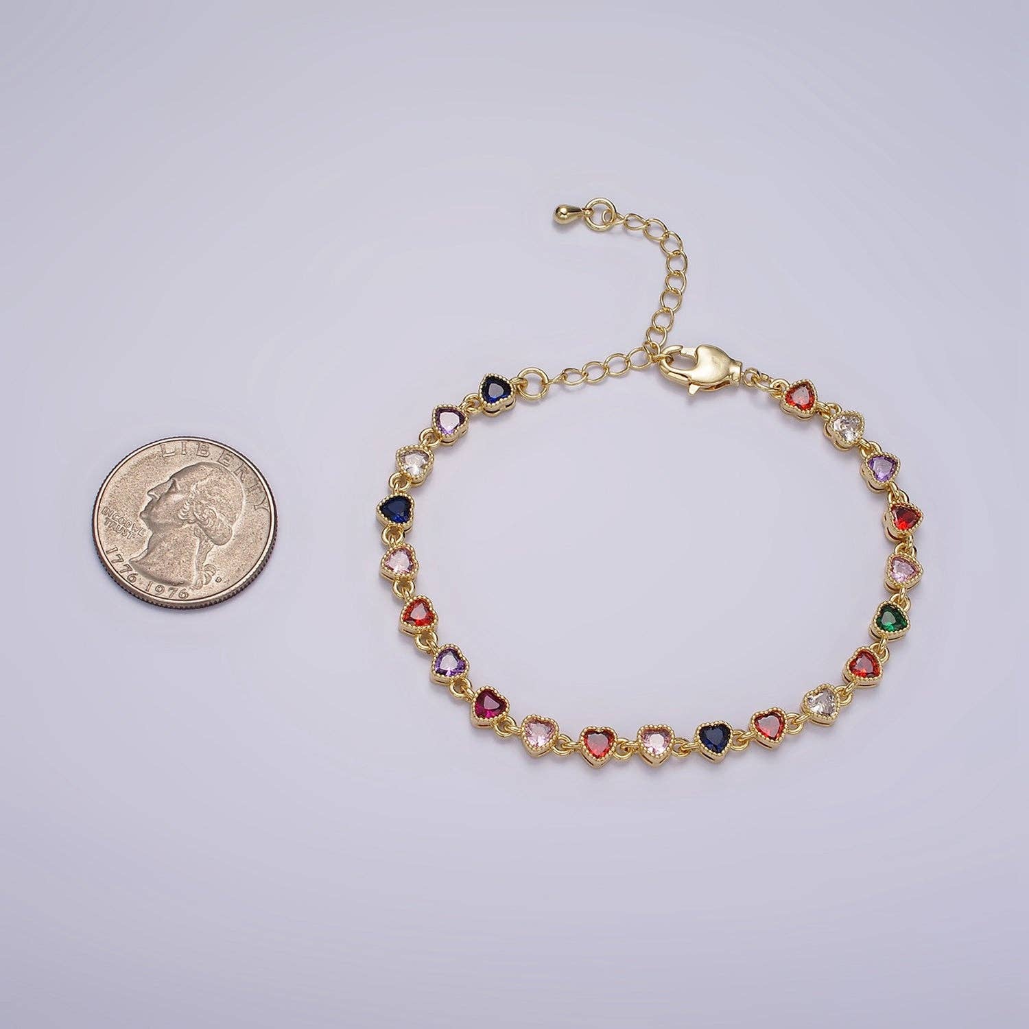 14K Gold Filled CZ Multicolor Heart Bezel 7 Inch Bracelet in Gold & Silver | WA-2230 WA-2231