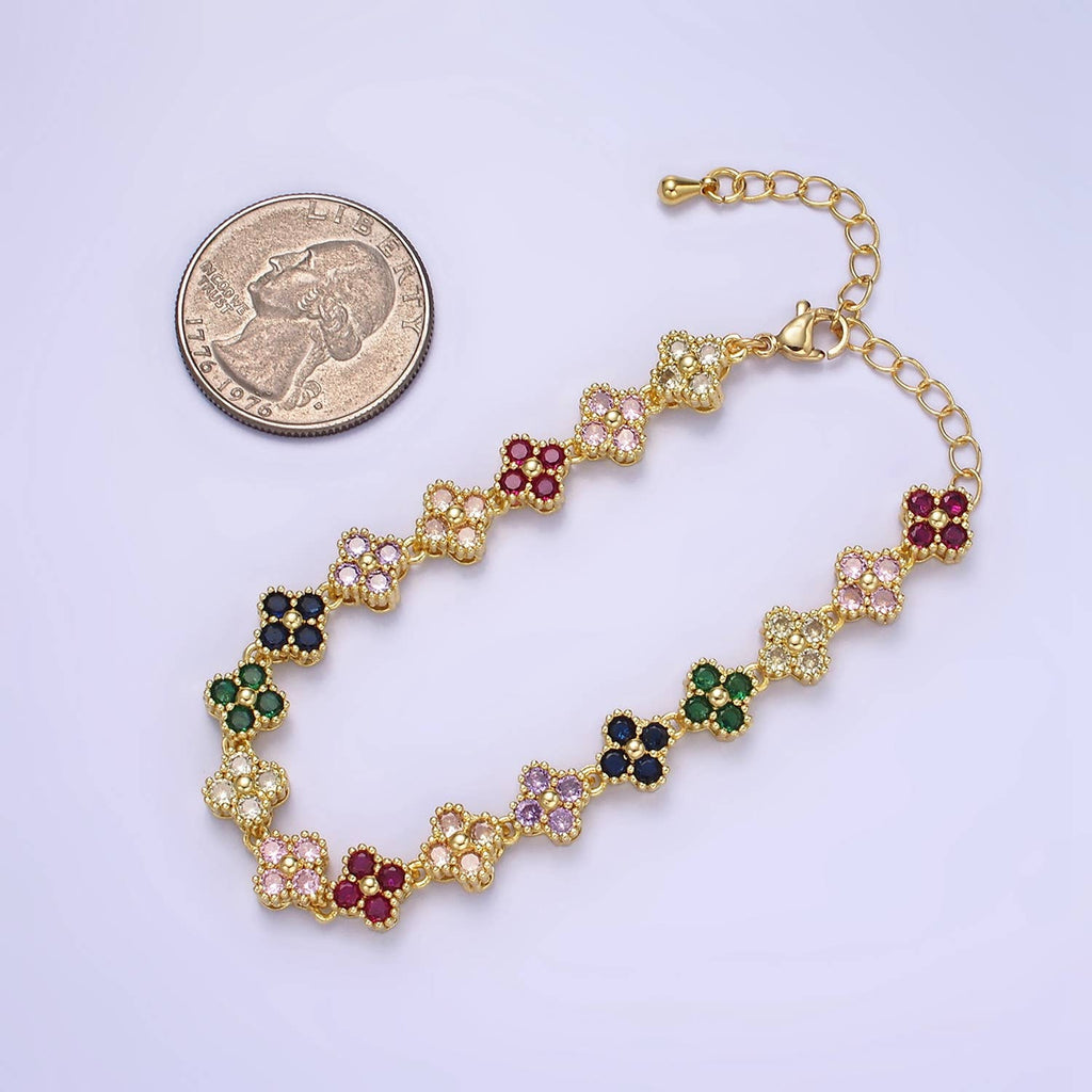 14K Gold Filled CZ Multicolor Flower 6 Inch Bracelet