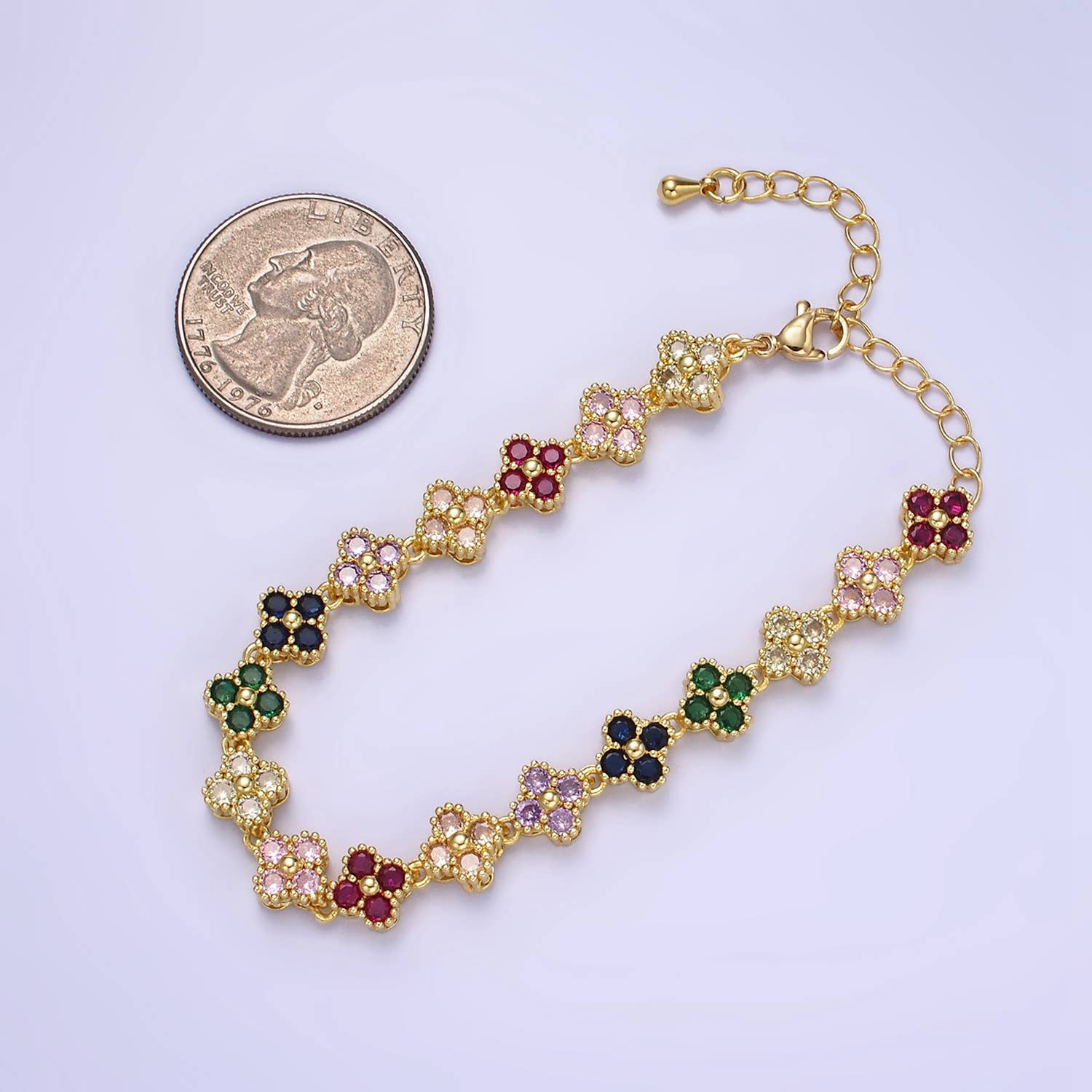 14K Gold Filled CZ Multicolor Flower 6 Inch Bracelet