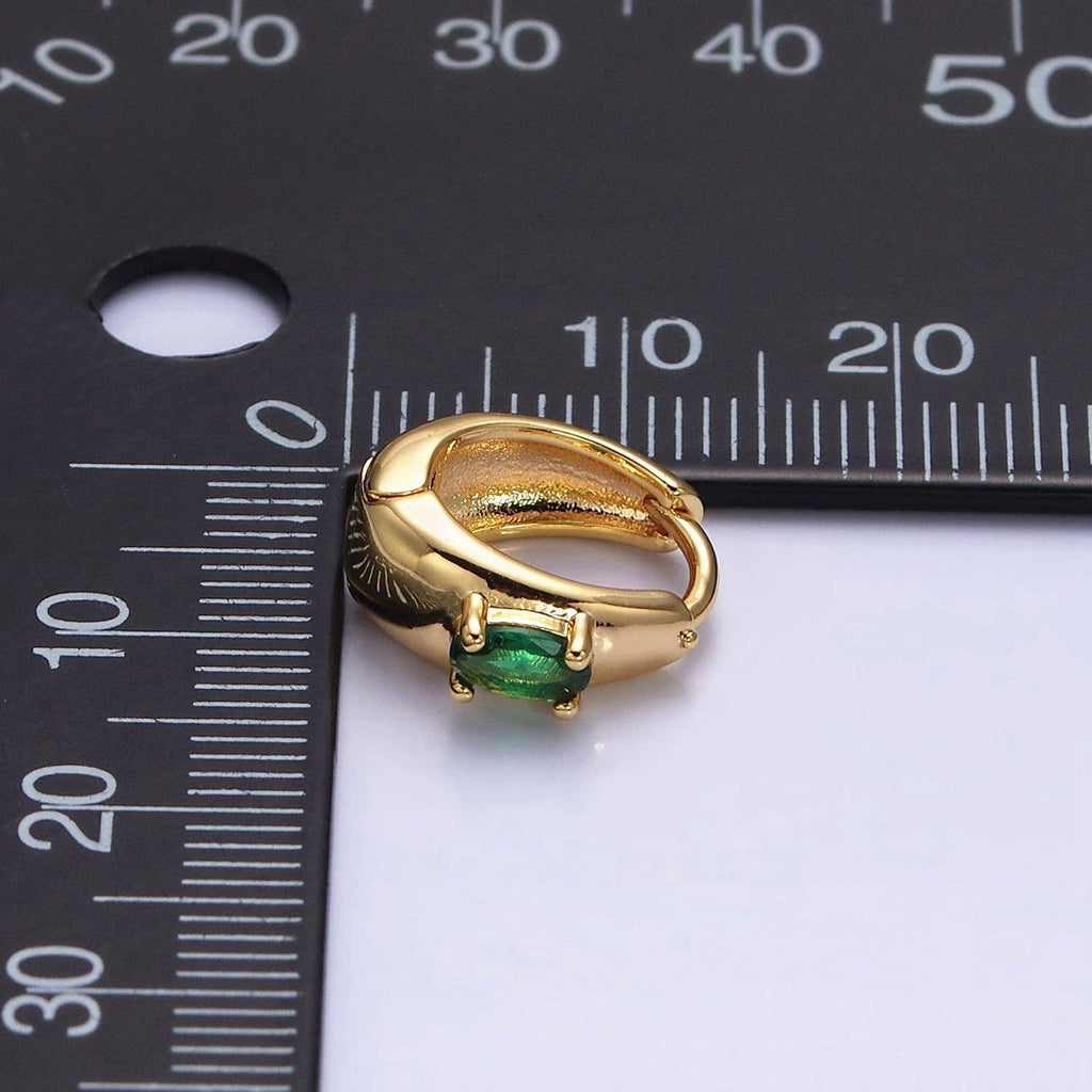 16K Gold Filled Emerald Green Oval CZ Dome 13mm Huggie Earrings in Silver & Gold | AB1501 AD1016