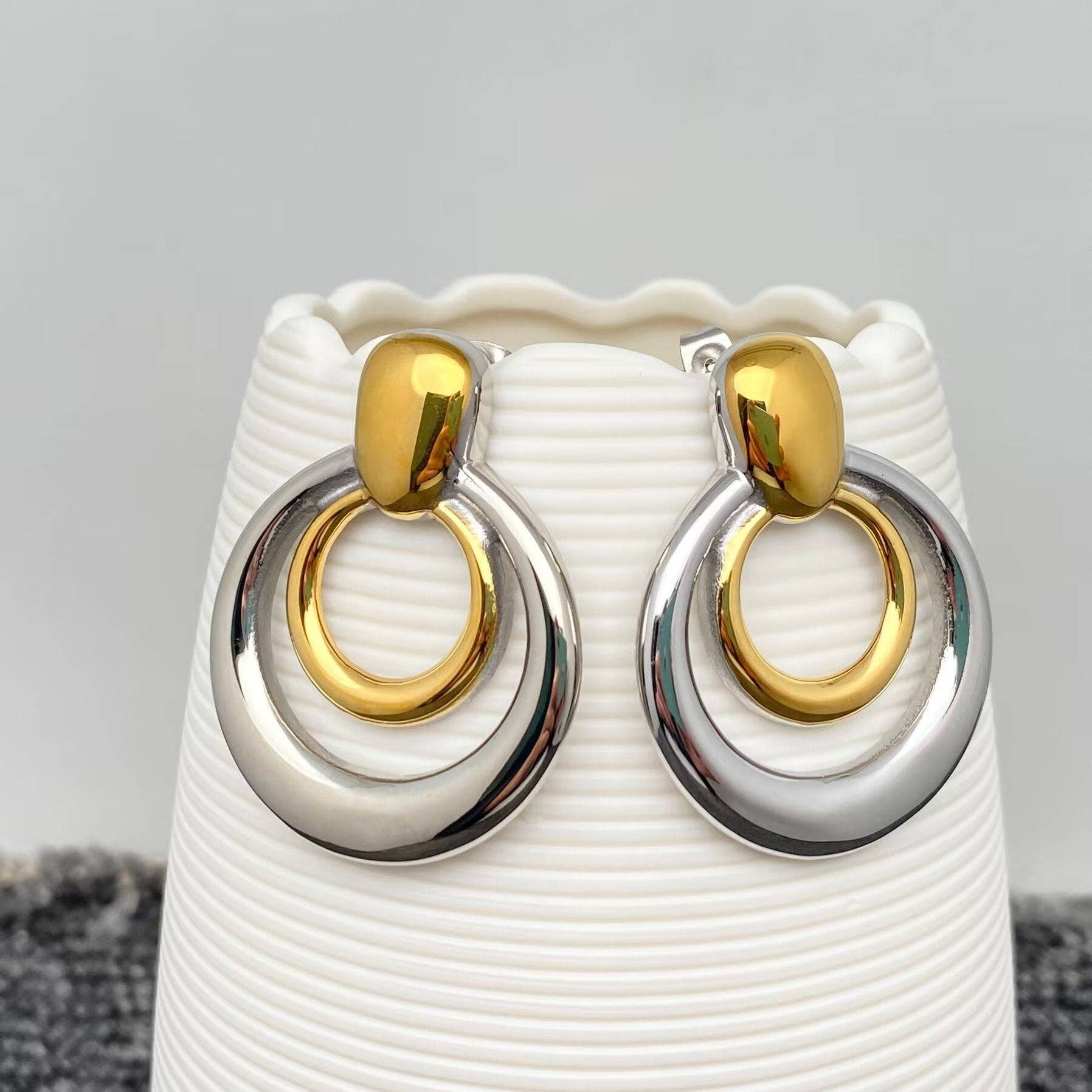 Two Tone 18K Gold Plated SS Hollow Round Post Earrings - FGS