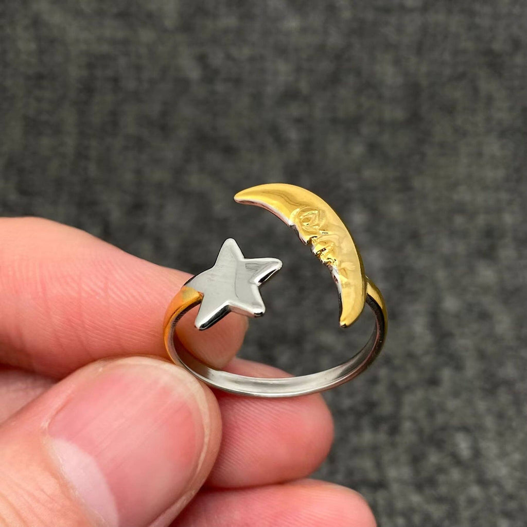 Two Tone 18K Gold Plated S.Steel Star Moon Ring - FGS/MS