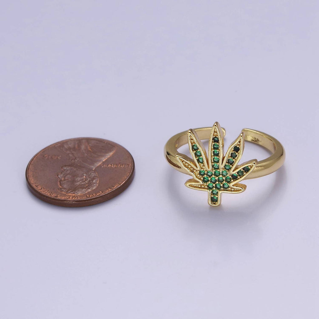 Green CZ Crystal Micro Pave Weed Gold Open Ring O2159