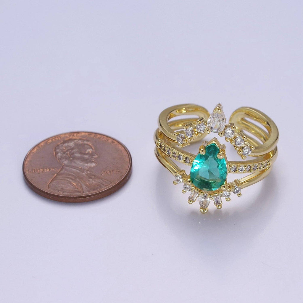 Teardrop Aqua CZ March Birthstone Micro Paved Triple Band Statement Gold Ring | O-2182