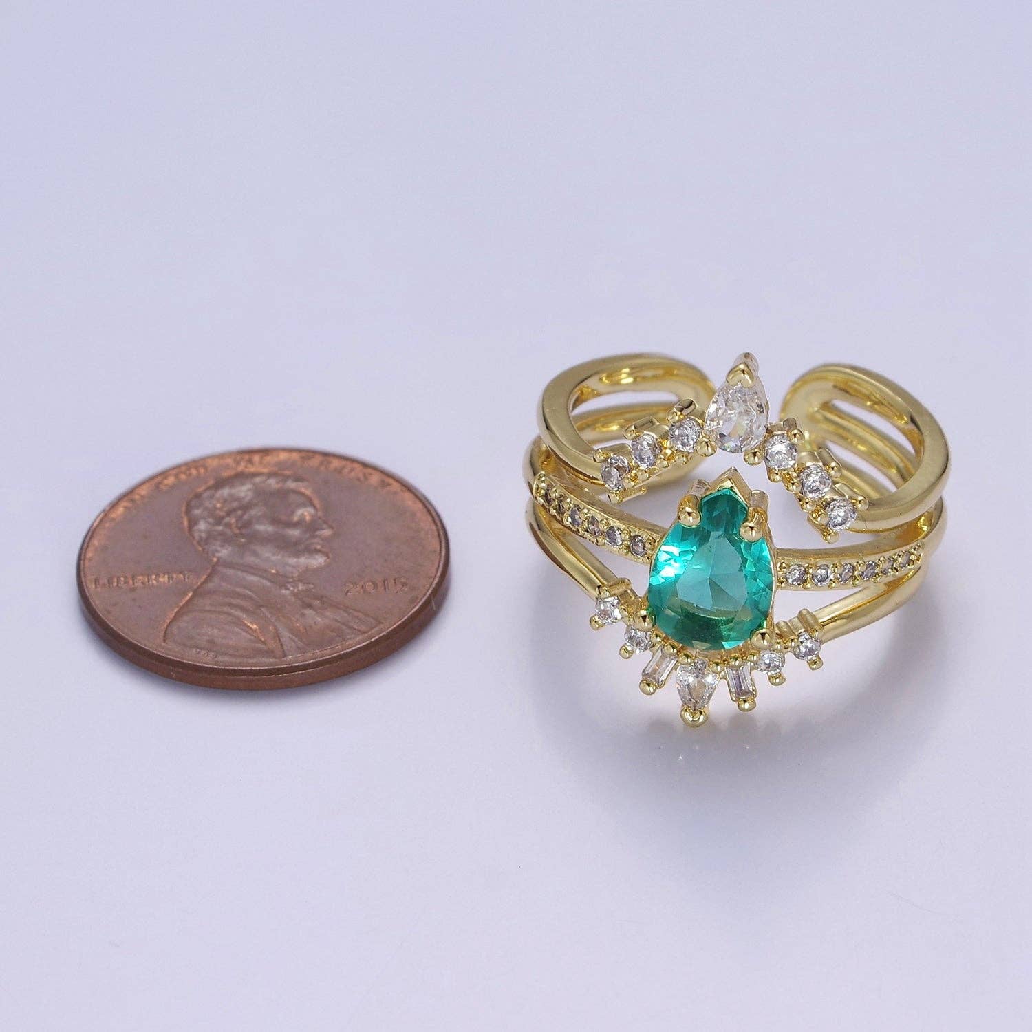 Teardrop Aqua CZ March Birthstone Micro Paved Triple Band Statement Gold Ring | O-2182