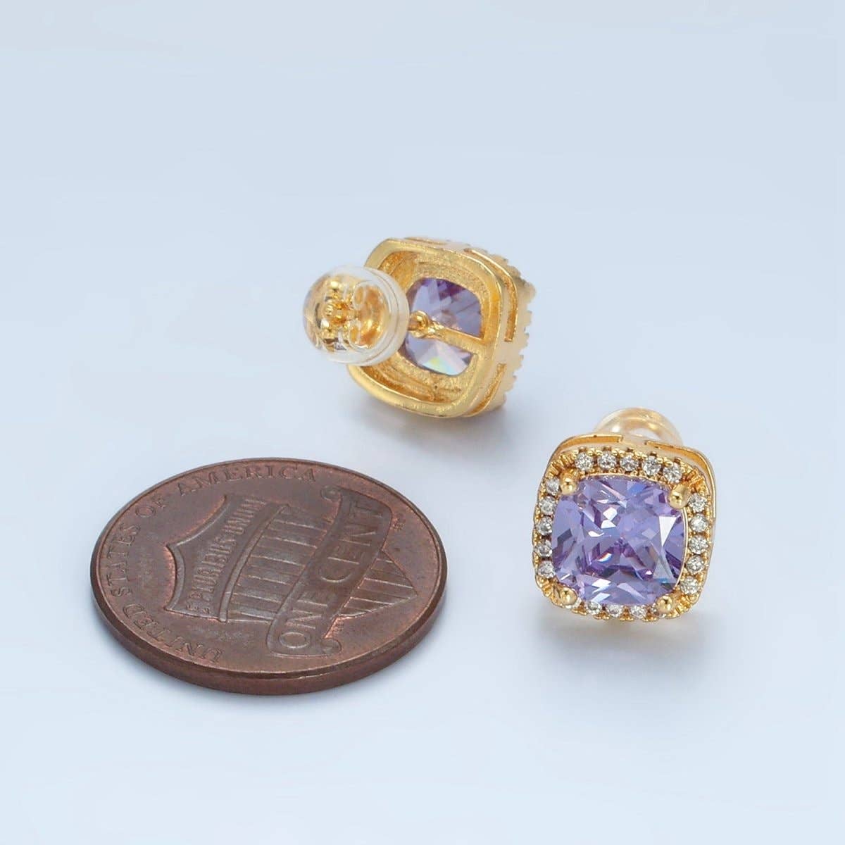 24K Gold Filled Purple Square Micro Paved CZ Stud Earrings | AD742