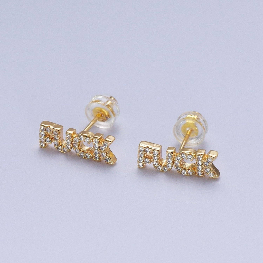 Dainty 16K Gold Filled "FUCK" Script Micro Paved CZ Stud Earrings | Y273