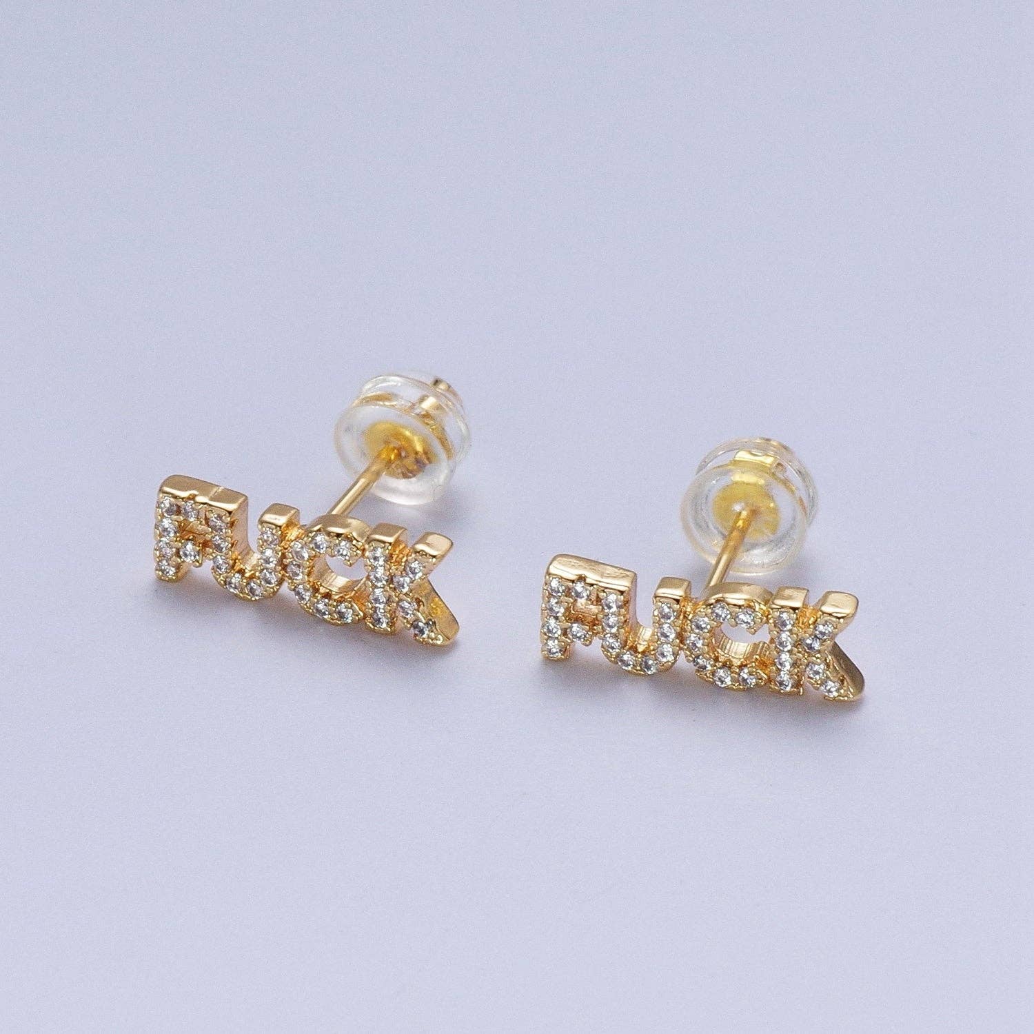 Dainty 16K Gold Filled "FUCK" Script Micro Paved CZ Stud Earrings | Y273