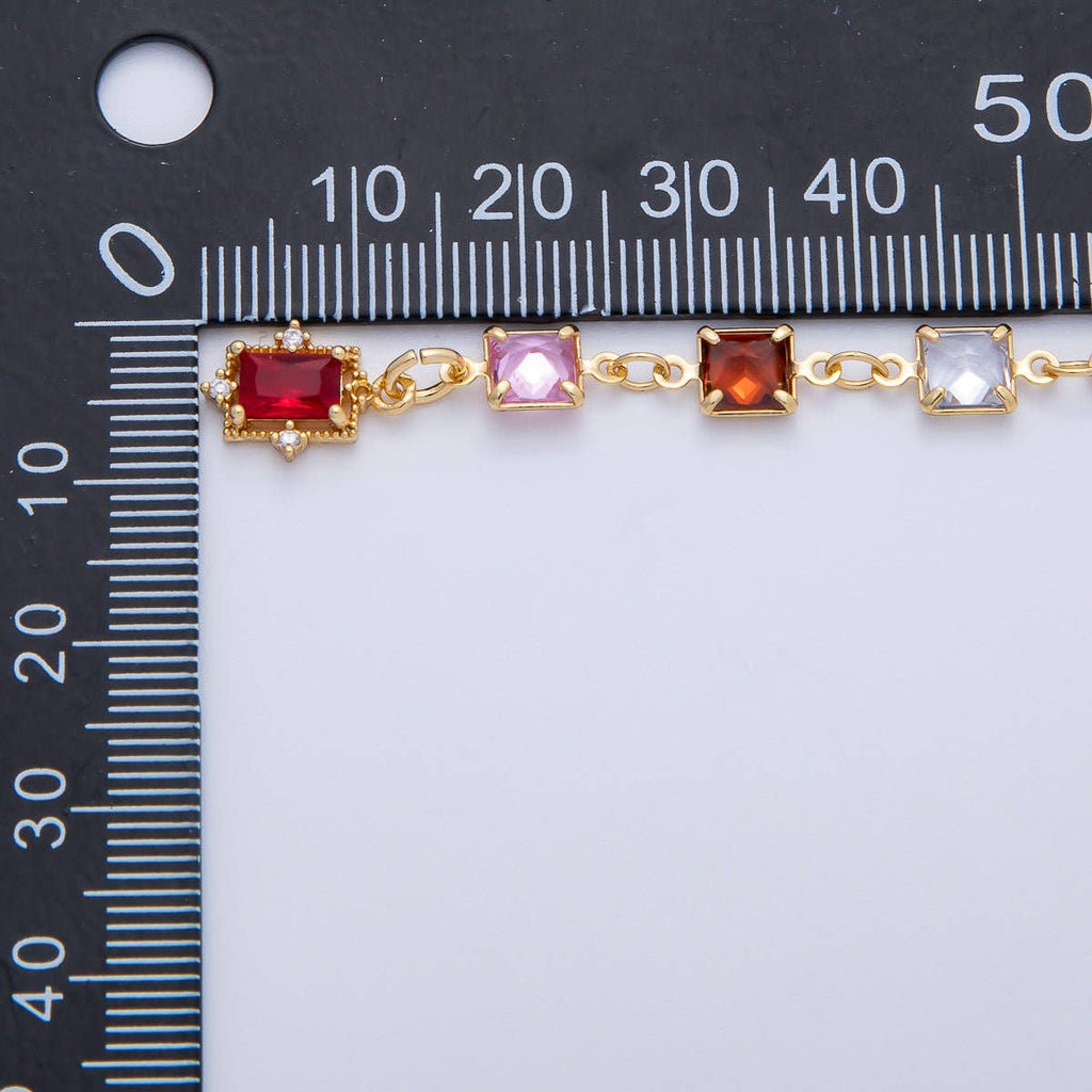 18K Gold Filled 5.7mm Multicolor Square CZ Gemstone Lariat 18 Inch Necklace w. Extender | WA-3940