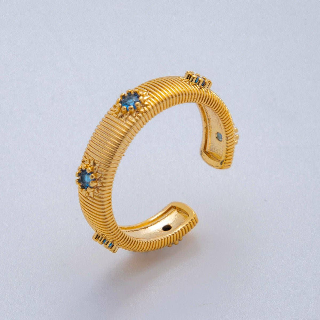 18K Gold Filled Blue CZ Lined Ribbed Ring | O2029