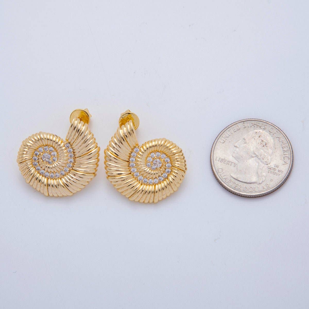 18K Gold Filled Micro Paved CZ Spiral Shell Stud Earrings | AJ147