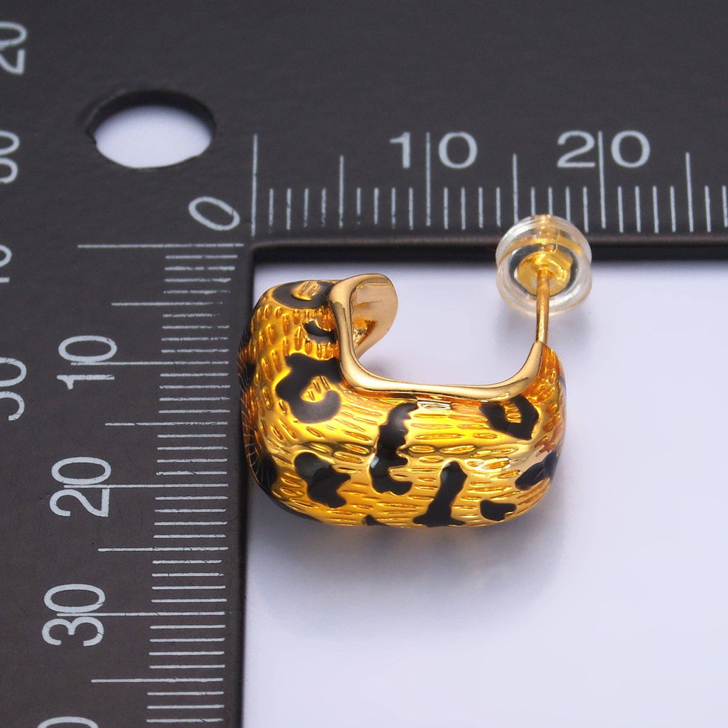 24K Gold Filled Lined Cheetah Print J-Shaped Hoop Earrings | AB784