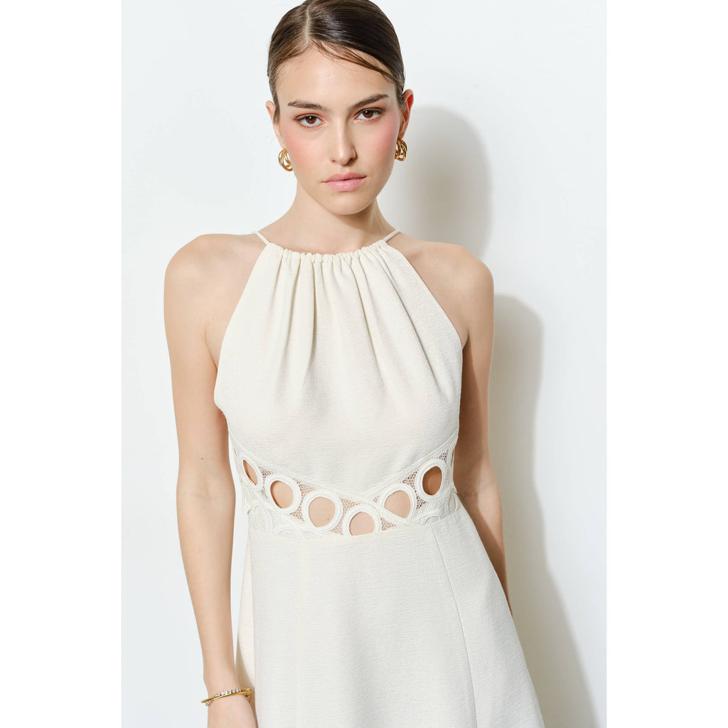 Chic Textured Lace Halter Tassel Draped Midi Dress