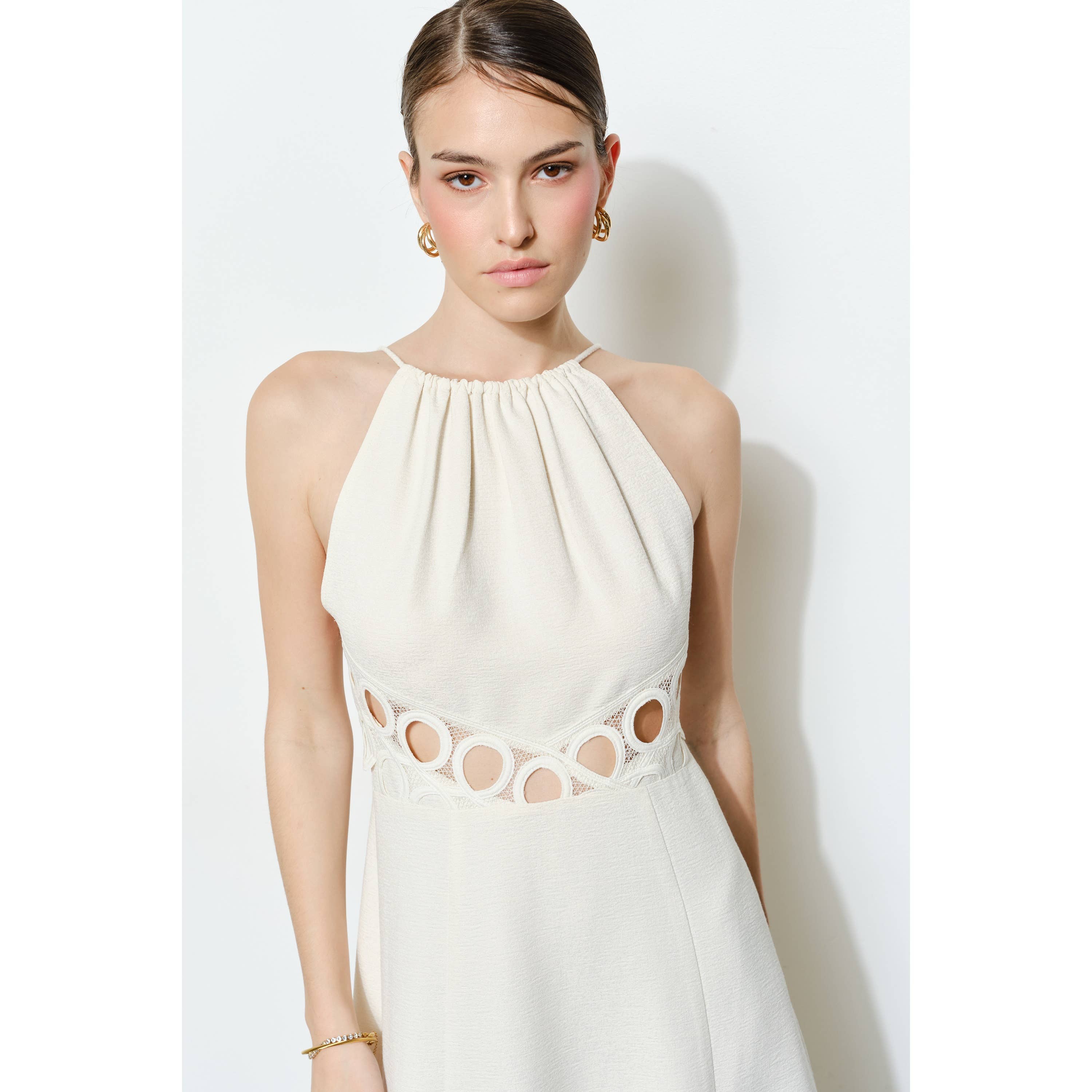 Chic Textured Lace Halter Tassel Draped Midi Dress