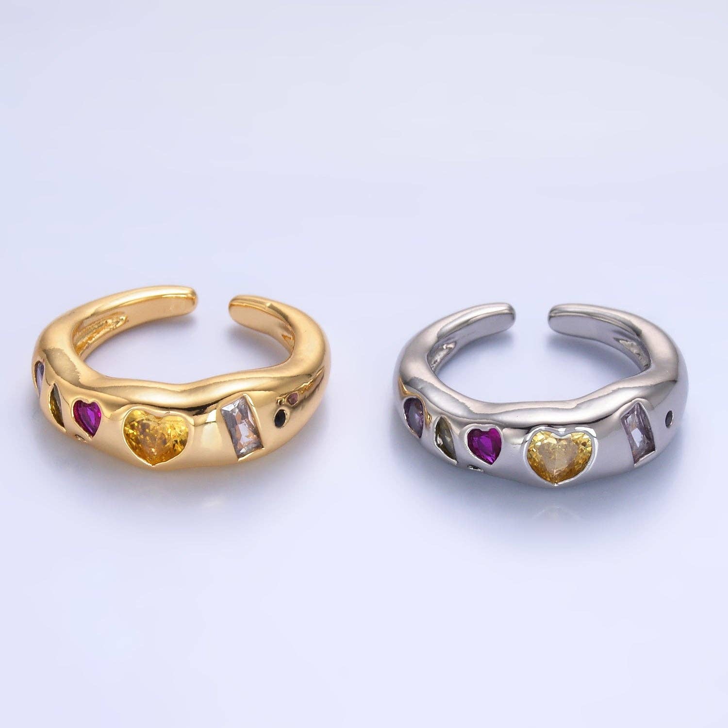 24K Gold Filled Multicolor Geometric Heart Baguette CZ Ring in Gold & Silver | O740 O743