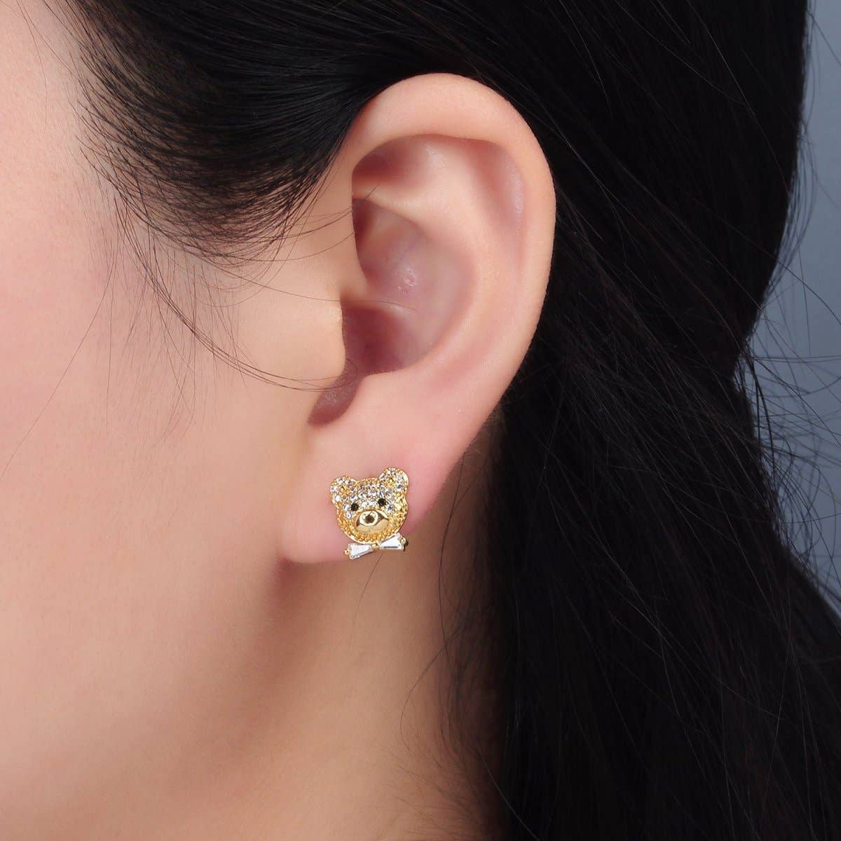 24K Gold Filled Teddy Bear Micro Paved CZ Baguette Tie Bow Stud Earrings | AD741