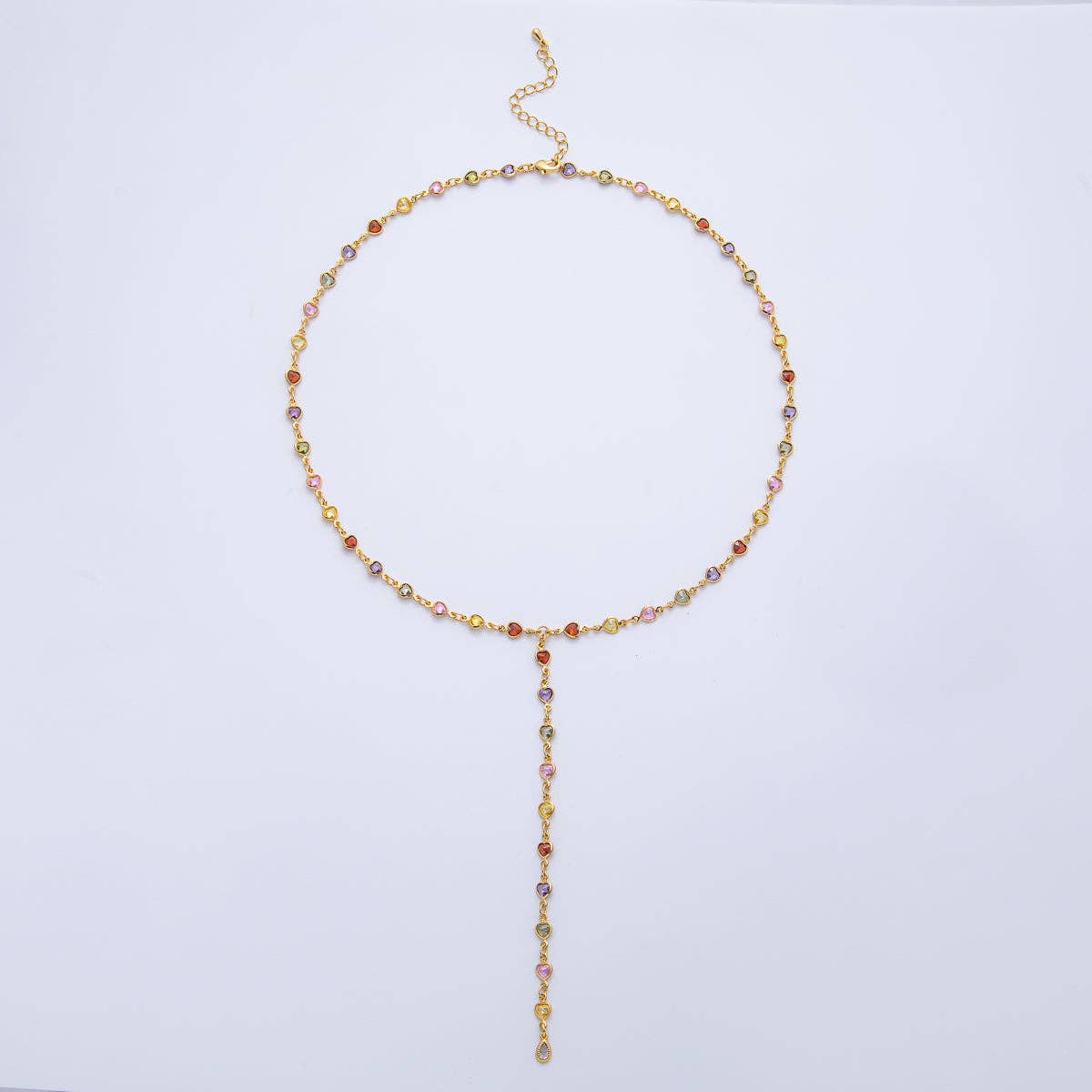 18K Gold Filled 4.6mm Multicolor CZ Bezel Heart Lariat Chain 18 Inch Necklace | WA-3967