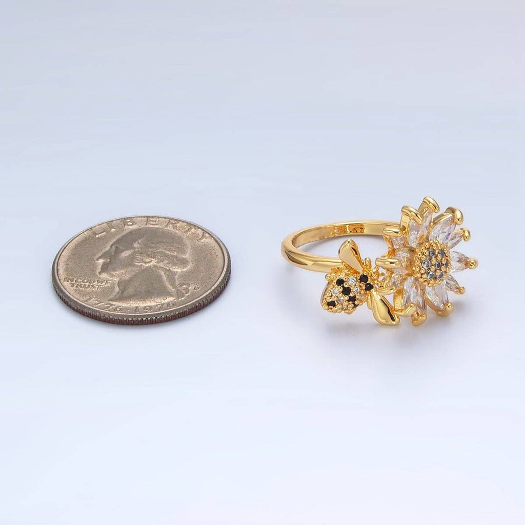 24K Gold Filled Micro Paved Marquise CZ Flower Bumble Bee Ring | U368
