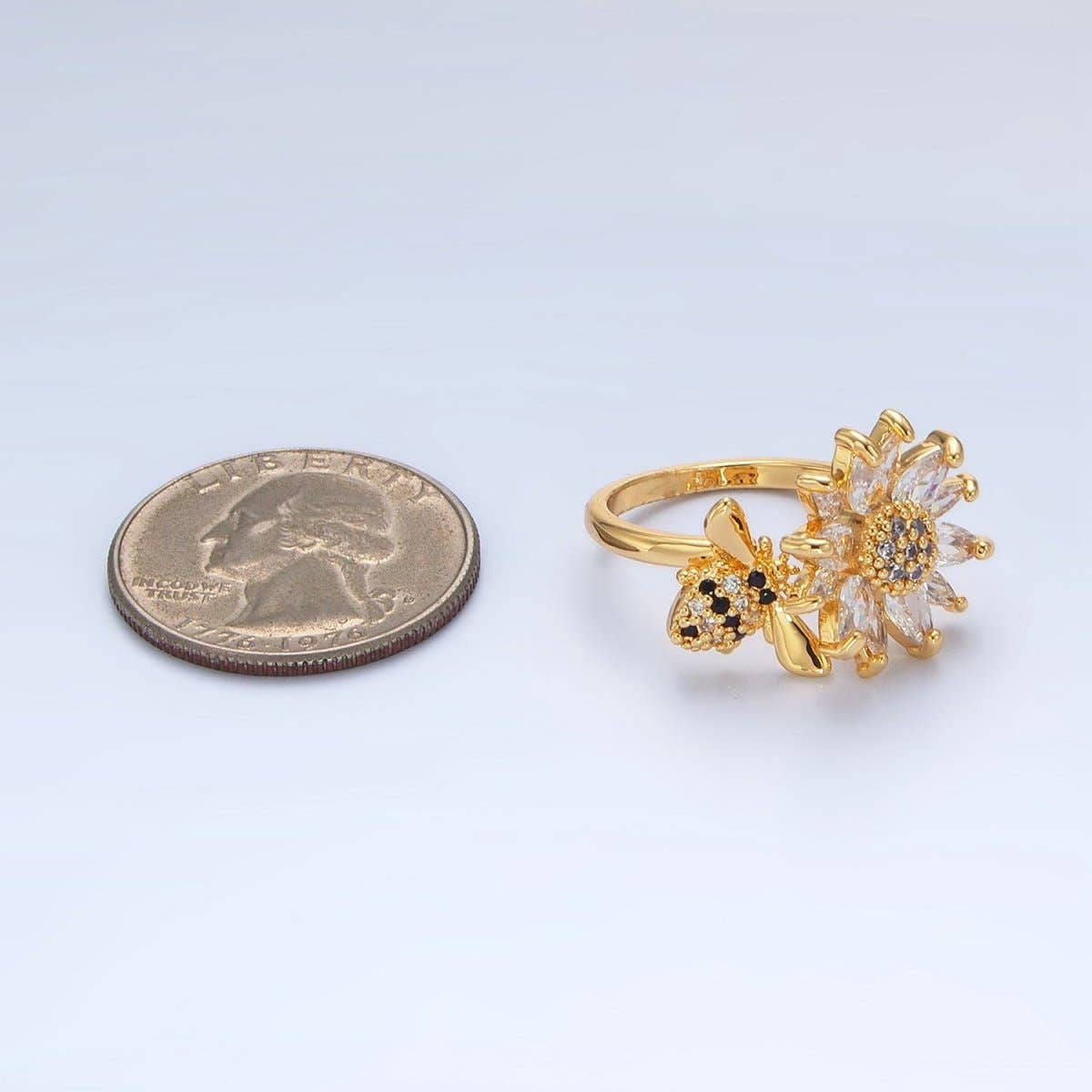 24K Gold Filled Micro Paved Marquise CZ Flower Bumble Bee Ring | U368