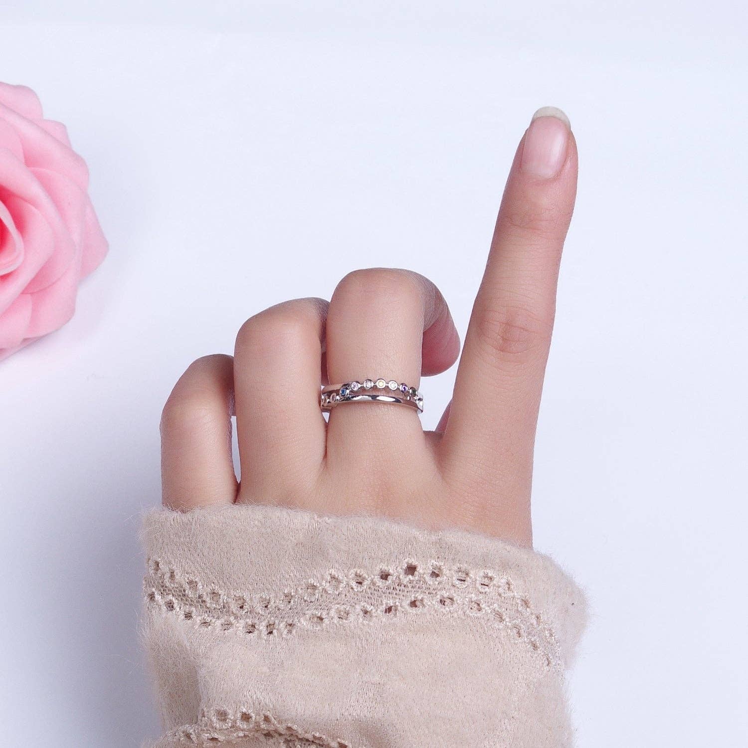 16K Gold Filled Multicolor Round CZ Double Band Ring in Gold