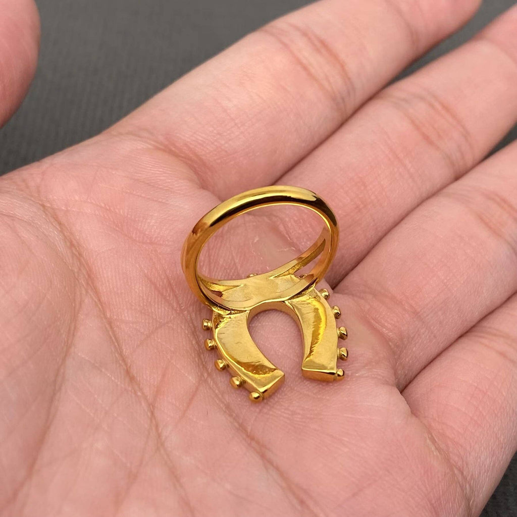 Shell Inlaid Horseshoe Shape 18K Golden S.Steel Ring - FGS